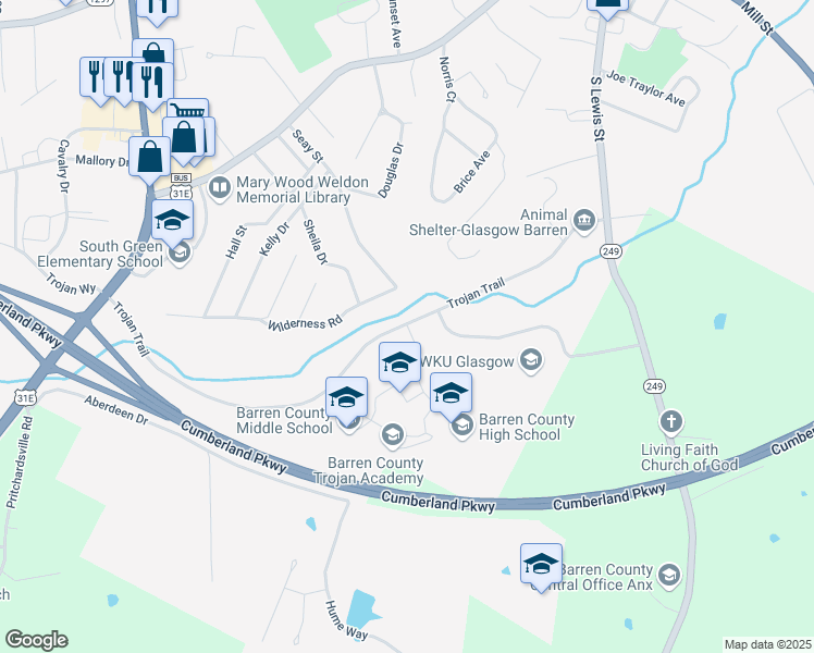 map of restaurants, bars, coffee shops, grocery stores, and more near 507 Trojan Trail in Glasgow
