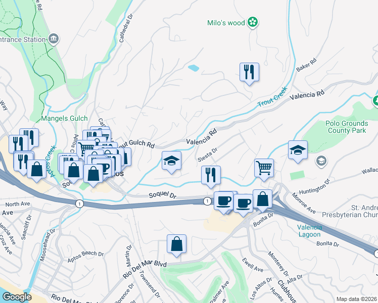map of restaurants, bars, coffee shops, grocery stores, and more near 130 Siesta Drive in Aptos