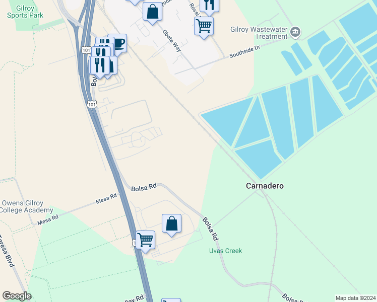 map of restaurants, bars, coffee shops, grocery stores, and more near 275 Bolsa Road in Gilroy