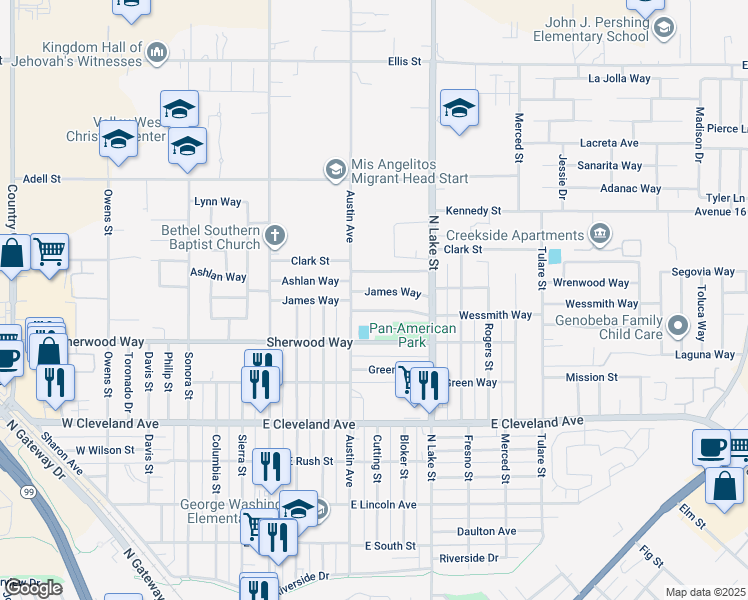 map of restaurants, bars, coffee shops, grocery stores, and more near 712 James Way in Madera