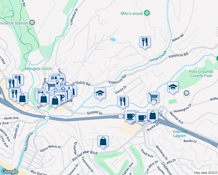 map of restaurants, bars, coffee shops, grocery stores, and more near Westwood Lane in Aptos
