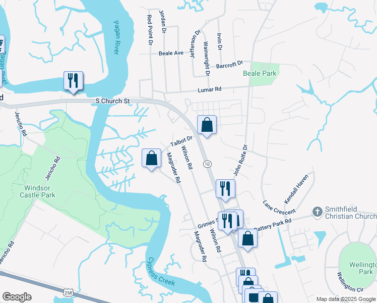 map of restaurants, bars, coffee shops, grocery stores, and more near 907 Wilson Road in Smithfield