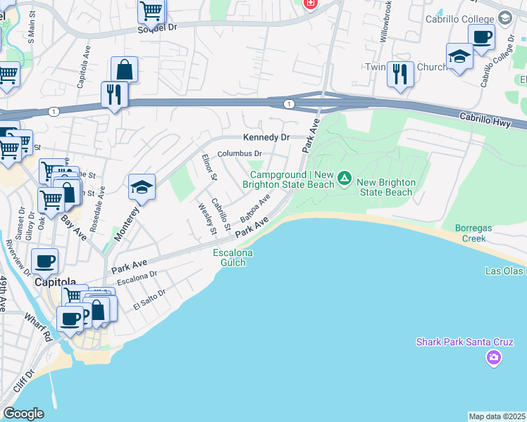 map of restaurants, bars, coffee shops, grocery stores, and more near 825 Balboa Avenue in Capitola