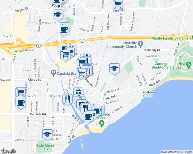 map of restaurants, bars, coffee shops, grocery stores, and more near 415 Rosedale Court in Capitola