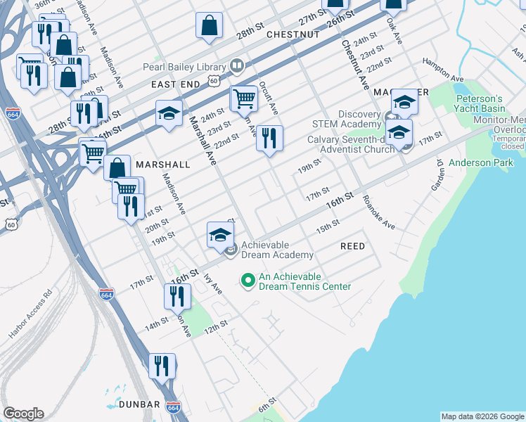 map of restaurants, bars, coffee shops, grocery stores, and more near 1617 Rolfe Place in Newport News