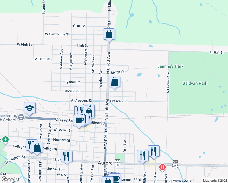map of restaurants, bars, coffee shops, grocery stores, and more near 210 North Elliott Avenue in Aurora