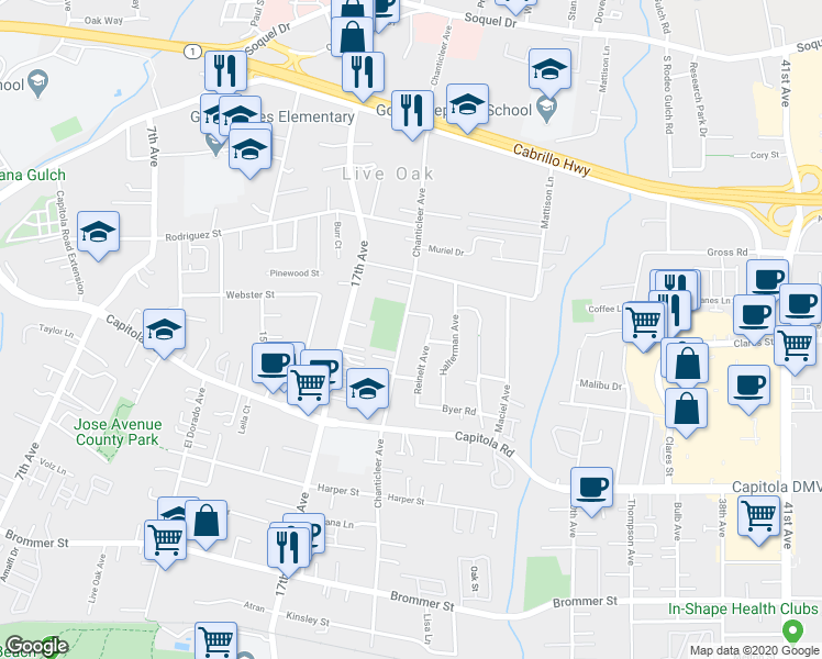 map of restaurants, bars, coffee shops, grocery stores, and more near 1950 Chanticleer Avenue in Santa Cruz