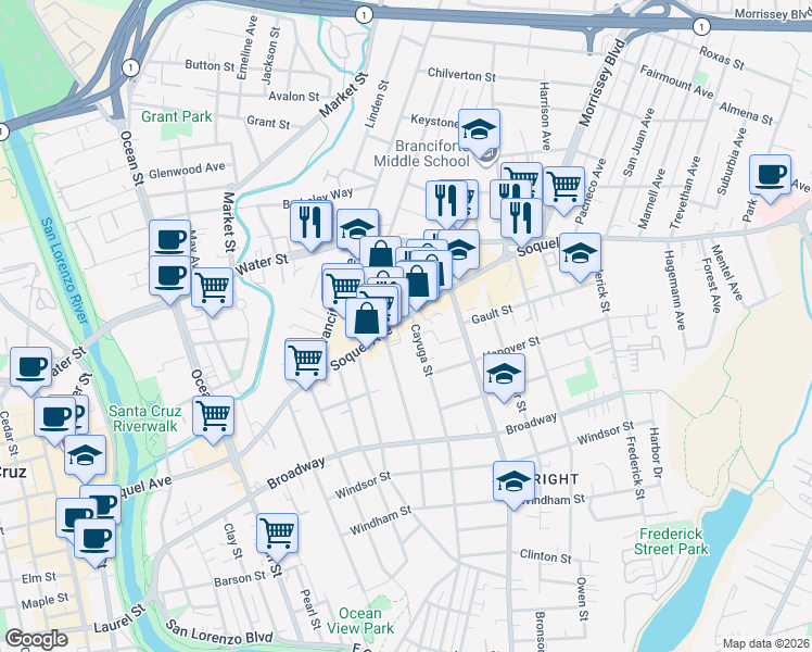 map of restaurants, bars, coffee shops, grocery stores, and more near 1024 Soquel Avenue in Santa Cruz