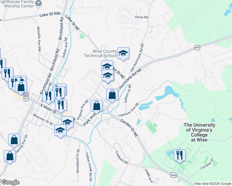 map of restaurants, bars, coffee shops, grocery stores, and more near 509 Hurricane Road Northeast in Wise