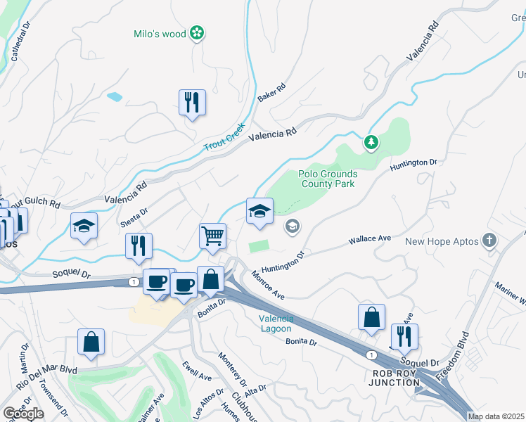 map of restaurants, bars, coffee shops, grocery stores, and more near 201 South Polo Drive in Aptos