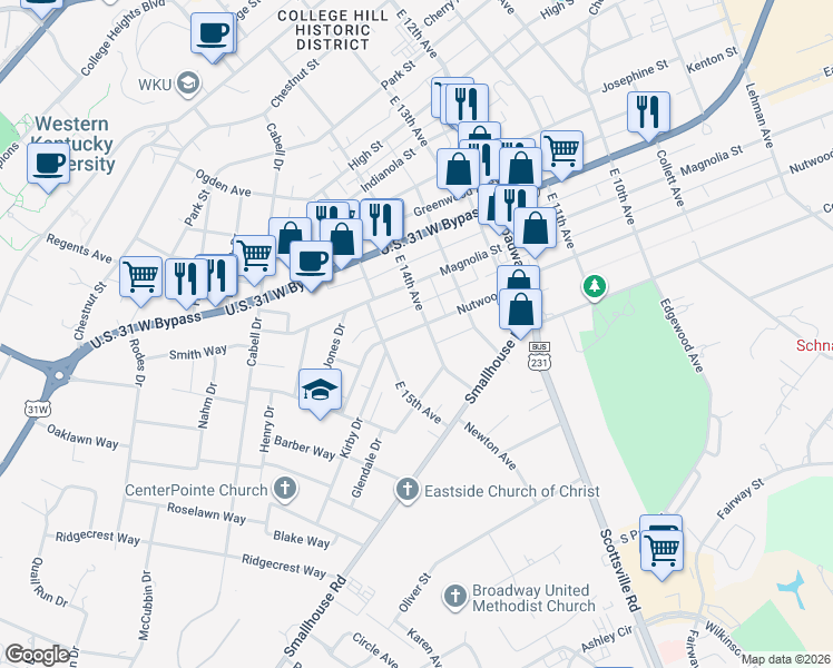map of restaurants, bars, coffee shops, grocery stores, and more near 1315 Nutwood Street in Bowling Green