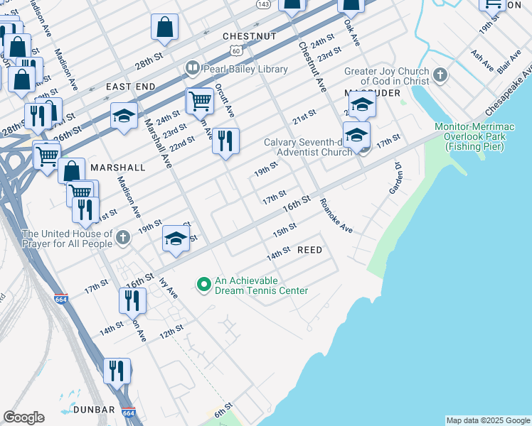 map of restaurants, bars, coffee shops, grocery stores, and more near 921 17th Street in Newport News