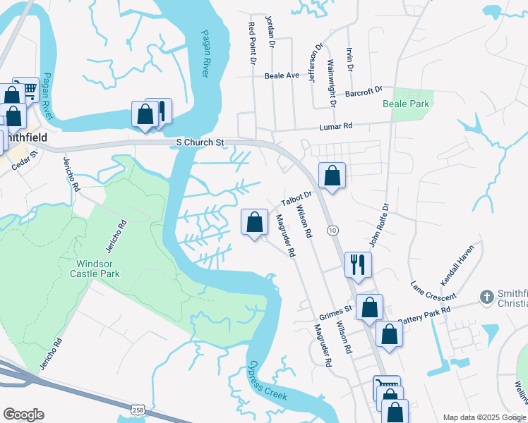 map of restaurants, bars, coffee shops, grocery stores, and more near 136 Talbot Drive in Smithfield