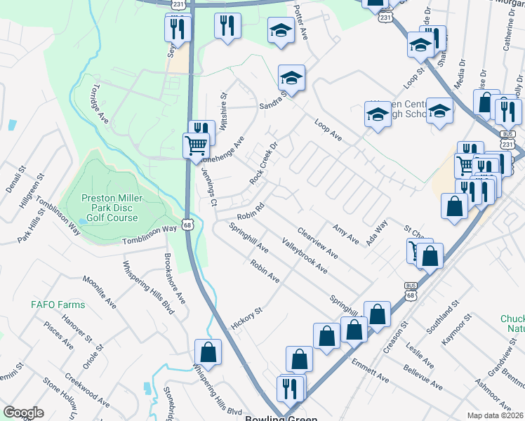 map of restaurants, bars, coffee shops, grocery stores, and more near 2116 Rock Creek Drive in Bowling Green