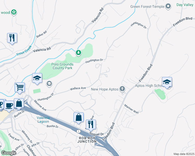map of restaurants, bars, coffee shops, grocery stores, and more near 2255 Wallace Avenue in Aptos