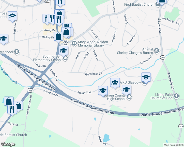 map of restaurants, bars, coffee shops, grocery stores, and more near 246 Wilderness Road in Glasgow