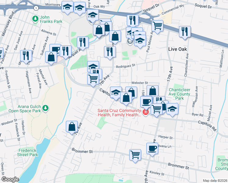 map of restaurants, bars, coffee shops, grocery stores, and more near 1905 Jose Avenue in Santa Cruz