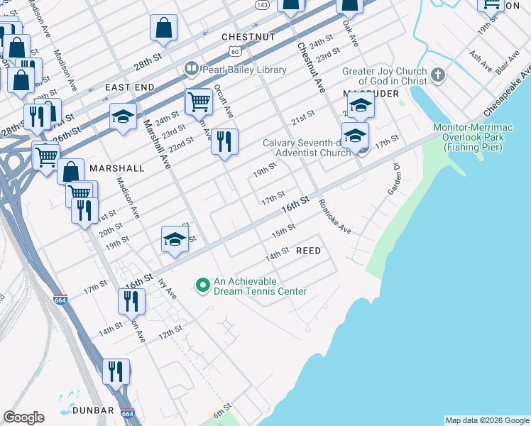 map of restaurants, bars, coffee shops, grocery stores, and more near 921 17th Street in Newport News
