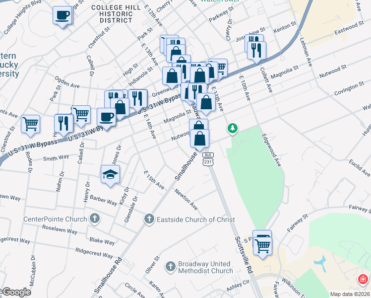 map of restaurants, bars, coffee shops, grocery stores, and more near 1280 Nutwood Street in Bowling Green