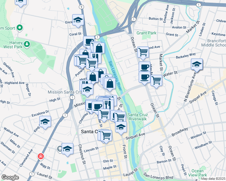 map of restaurants, bars, coffee shops, grocery stores, and more near 110 Lindberg Street in Santa Cruz