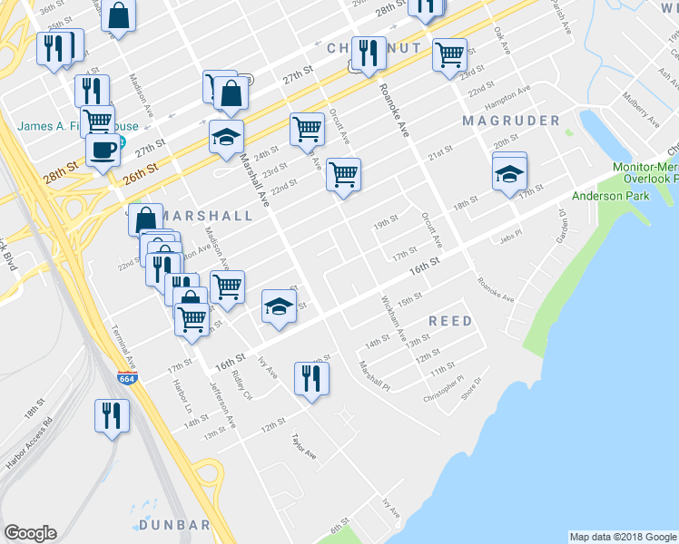 map of restaurants, bars, coffee shops, grocery stores, and more near 836 18th Street in Newport News