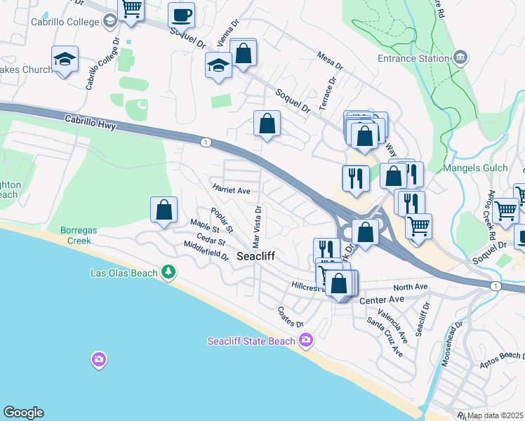 map of restaurants, bars, coffee shops, grocery stores, and more near 220 Mar Vista Drive in Aptos