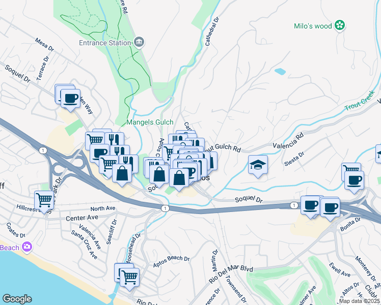 map of restaurants, bars, coffee shops, grocery stores, and more near 106 Vista Mar Court in Aptos