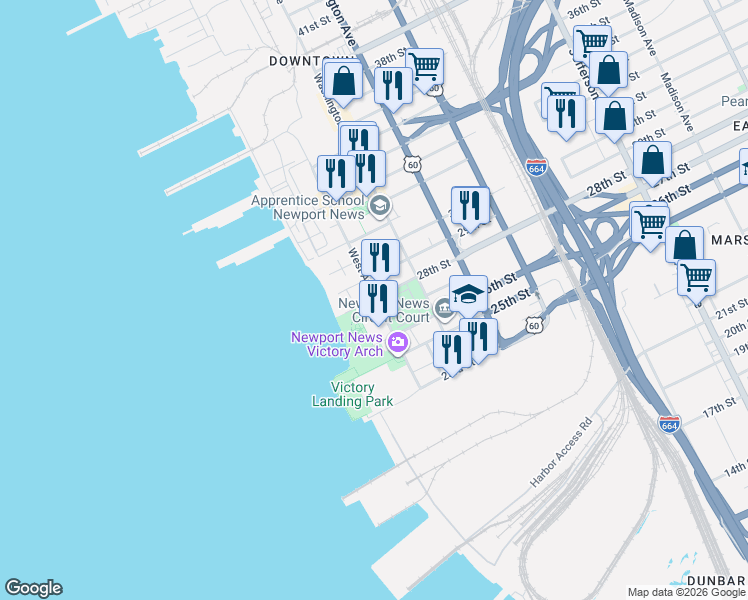 map of restaurants, bars, coffee shops, grocery stores, and more near 2901 West Avenue in Newport News