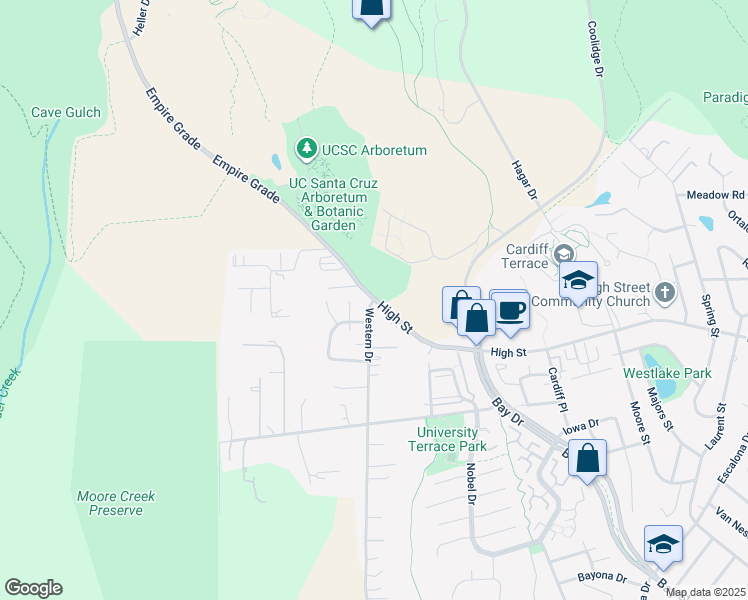 map of restaurants, bars, coffee shops, grocery stores, and more near High St & Western Dr in Santa Cruz