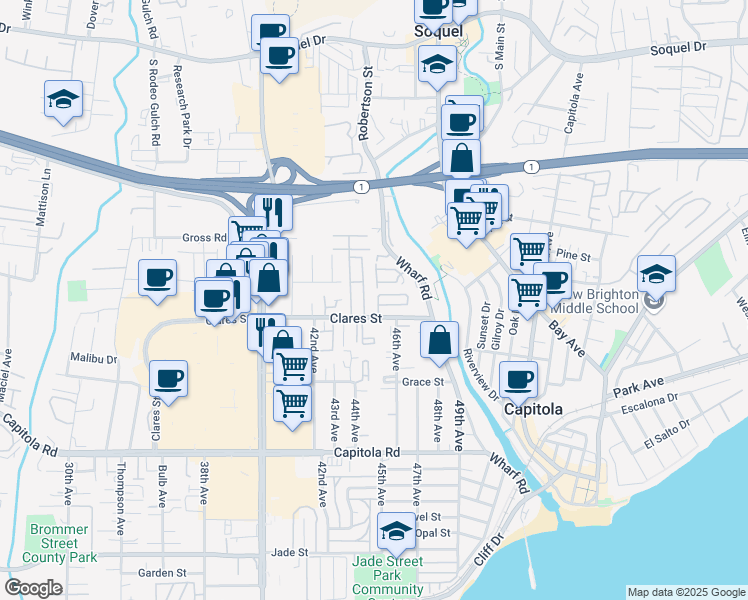 map of restaurants, bars, coffee shops, grocery stores, and more near 2113 Francesco Circle in Capitola