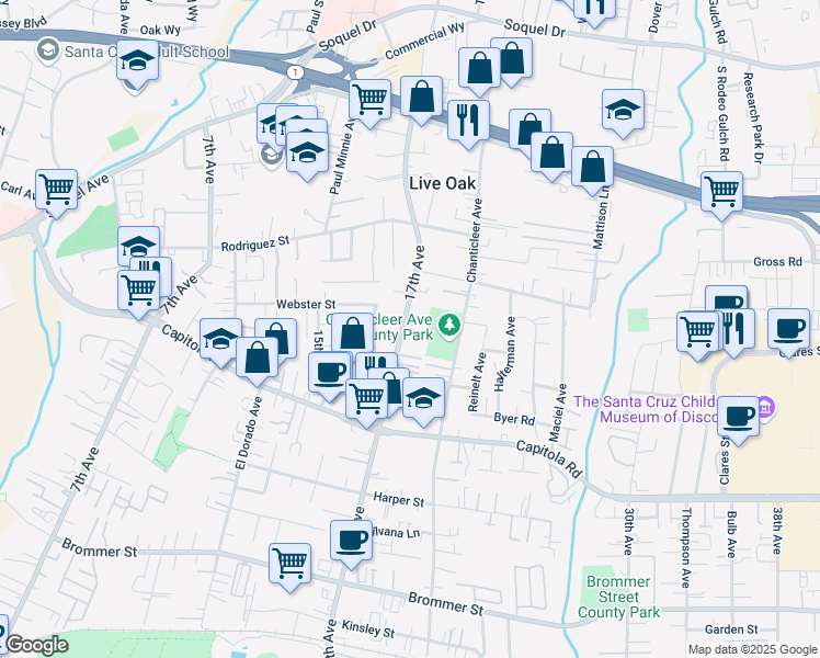 map of restaurants, bars, coffee shops, grocery stores, and more near 2008 17th Avenue in Santa Cruz