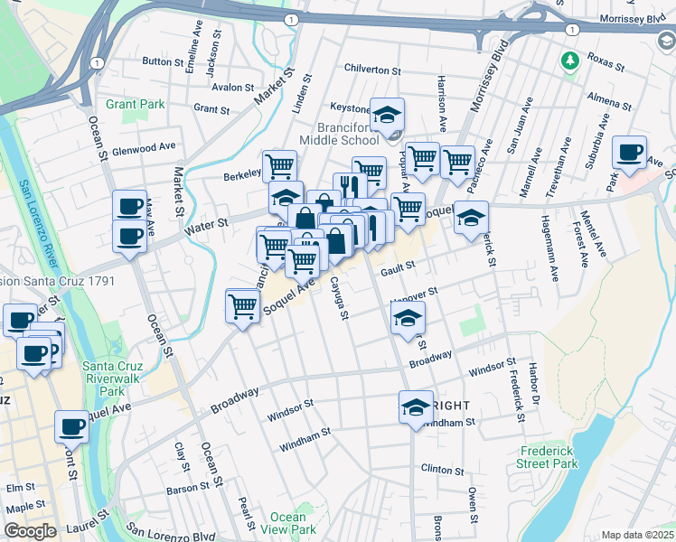 map of restaurants, bars, coffee shops, grocery stores, and more near in Santa Cruz