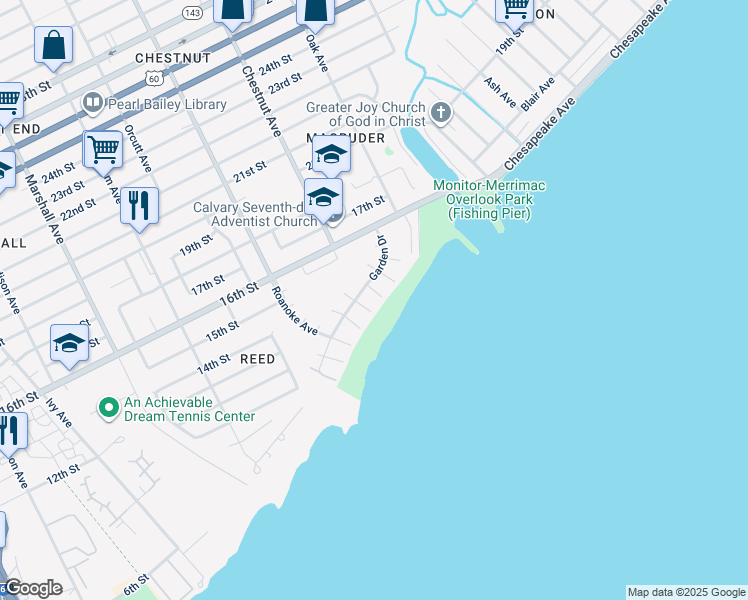 map of restaurants, bars, coffee shops, grocery stores, and more near 1198 Garden Drive in Newport News