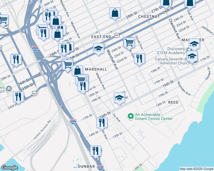 map of restaurants, bars, coffee shops, grocery stores, and more near 709 21st Street in Newport News