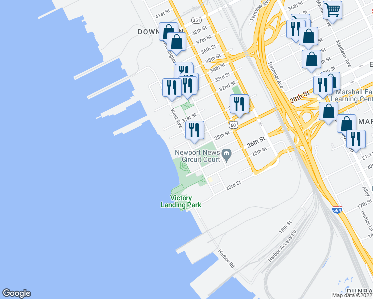 map of restaurants, bars, coffee shops, grocery stores, and more near 2901 West Avenue in Newport News