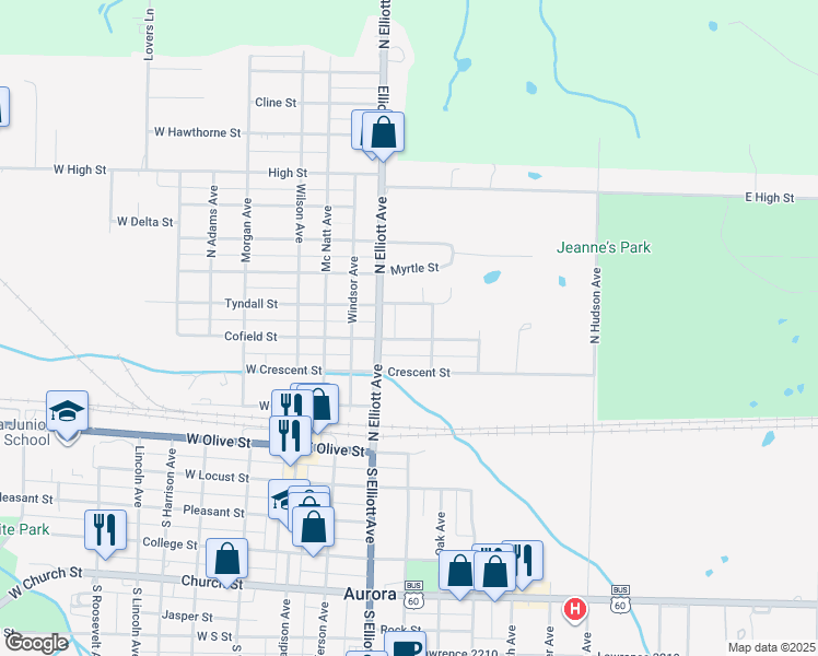 map of restaurants, bars, coffee shops, grocery stores, and more near 202 East Tyndall Street in Aurora