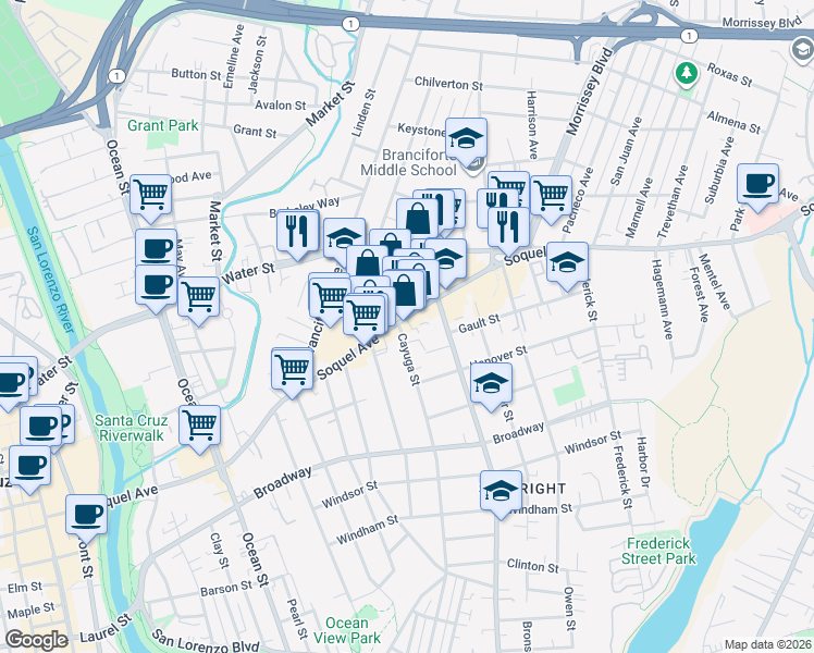 map of restaurants, bars, coffee shops, grocery stores, and more near in Santa Cruz