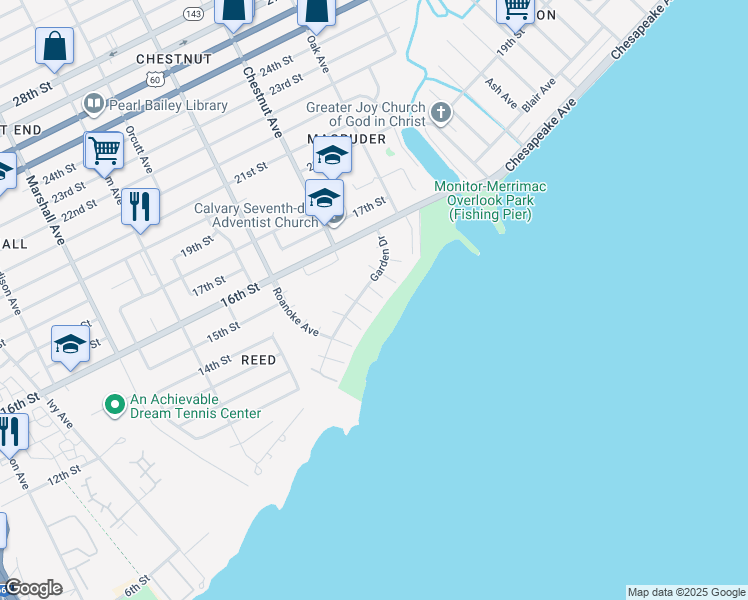 map of restaurants, bars, coffee shops, grocery stores, and more near 1358 Garden Drive in Newport News