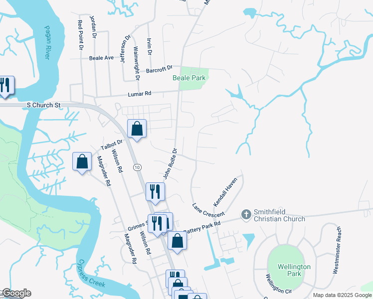 map of restaurants, bars, coffee shops, grocery stores, and more near 304 Calvary Way in Smithfield