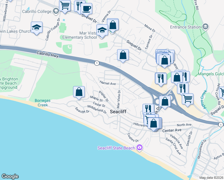 map of restaurants, bars, coffee shops, grocery stores, and more near 522 Spruce Street in Aptos