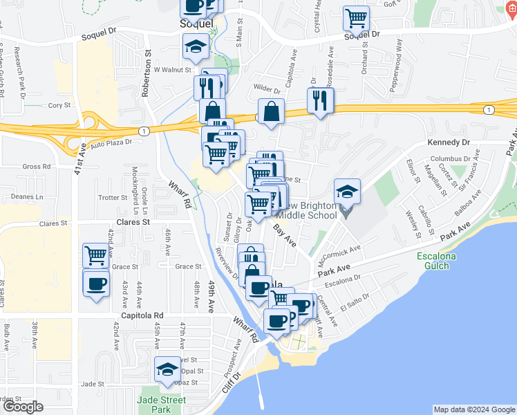 map of restaurants, bars, coffee shops, grocery stores, and more near 659 Bay Avenue in Capitola