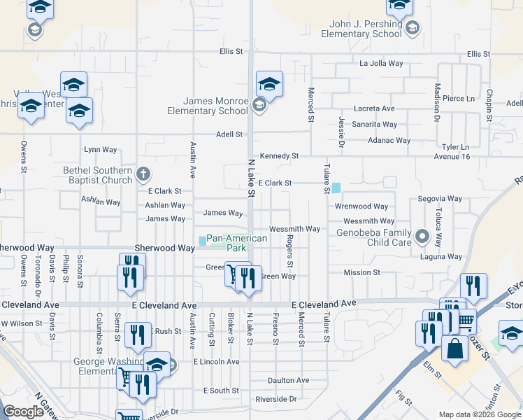 map of restaurants, bars, coffee shops, grocery stores, and more near 824 Ashlan Way in Madera