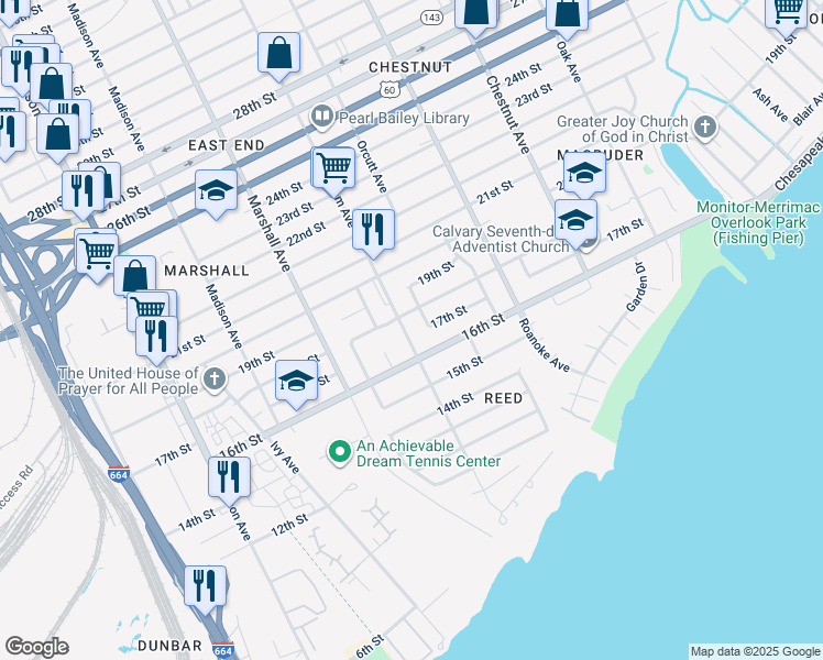 map of restaurants, bars, coffee shops, grocery stores, and more near 1620 Wickham Avenue in Newport News