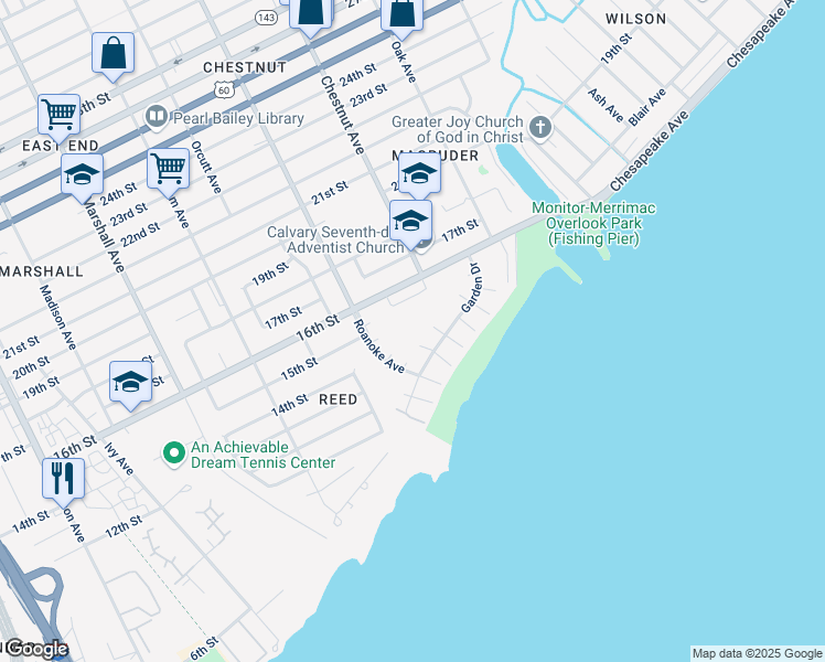 map of restaurants, bars, coffee shops, grocery stores, and more near in Newport News