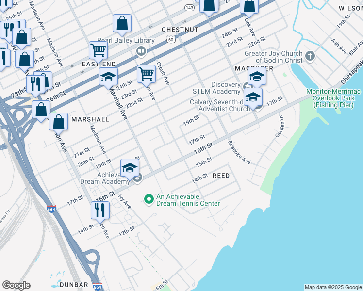 map of restaurants, bars, coffee shops, grocery stores, and more near 1620 Wickham Avenue in Newport News