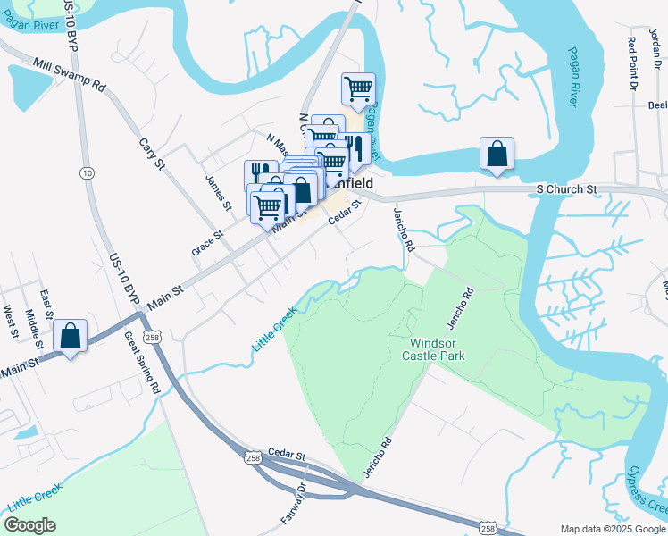 map of restaurants, bars, coffee shops, grocery stores, and more near 217 Astrid Street in Smithfield
