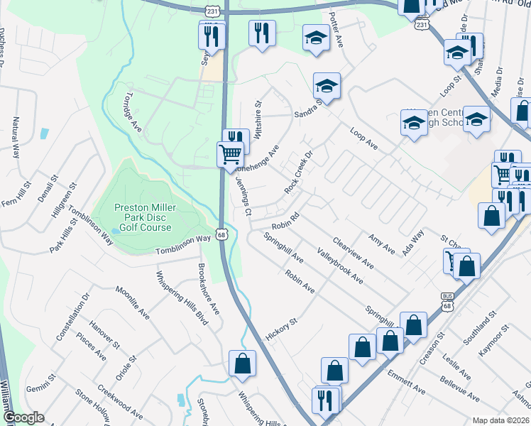 map of restaurants, bars, coffee shops, grocery stores, and more near 2101-2199 Rock Creek Dr in Bowling Green