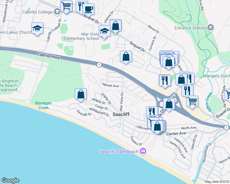 map of restaurants, bars, coffee shops, grocery stores, and more near 522 Spruce Street in Aptos