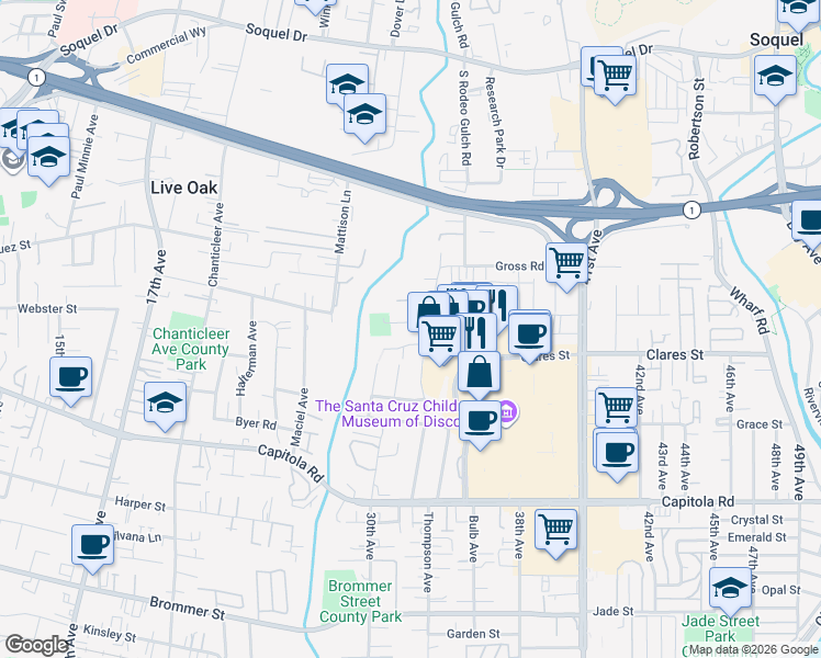 map of restaurants, bars, coffee shops, grocery stores, and more near 3370 Coffee Lane in Santa Cruz
