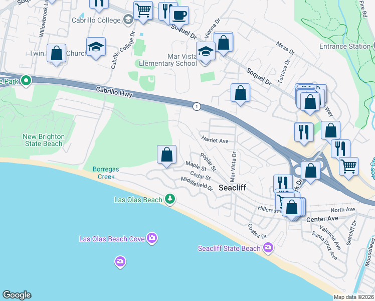 map of restaurants, bars, coffee shops, grocery stores, and more near 101 Poplar Court in Aptos